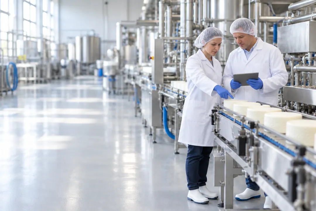 Un técnico y una responsable de calidad revisan la limpieza junto a una línea de producción